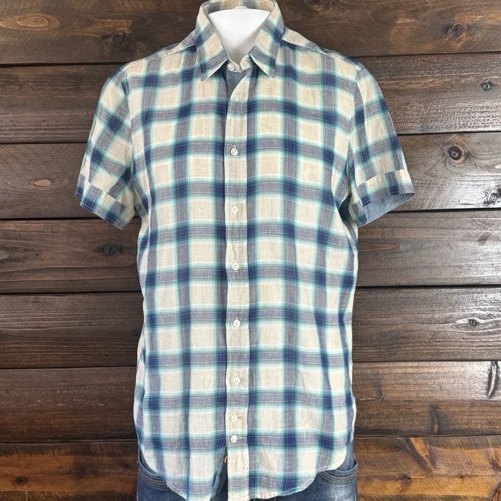Boss Orange by Hugo Boss Mens M Shirt Blue White Plaid Print Linen Short Sleeves